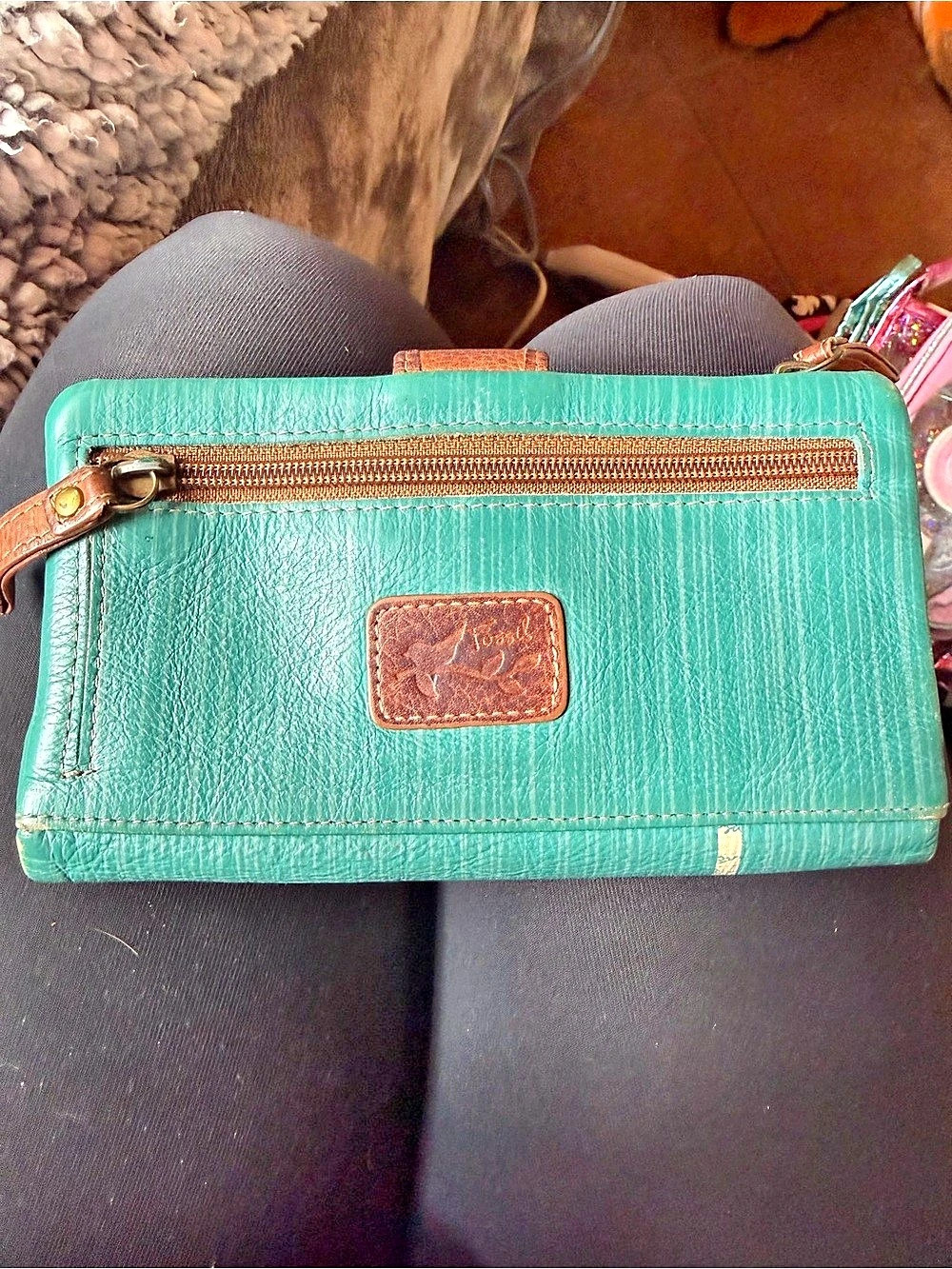 Fossil Owl Blue Floral Teal Leather Flap Clutch Wallet - Picture 2 of 5